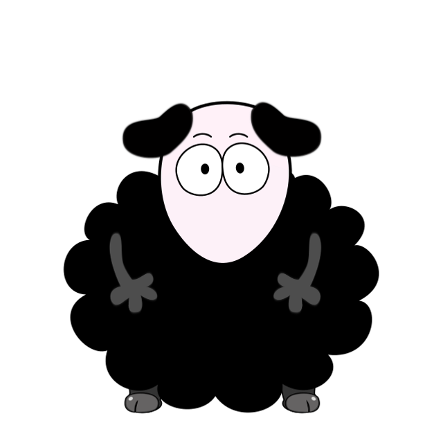 Mallow, a round black sheep Chubblie with a pale pink face and large joined eyes