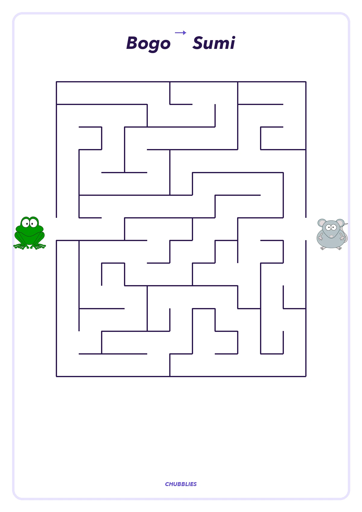 Printable maze with Bogo beside the entrance and Sumi beside the goal