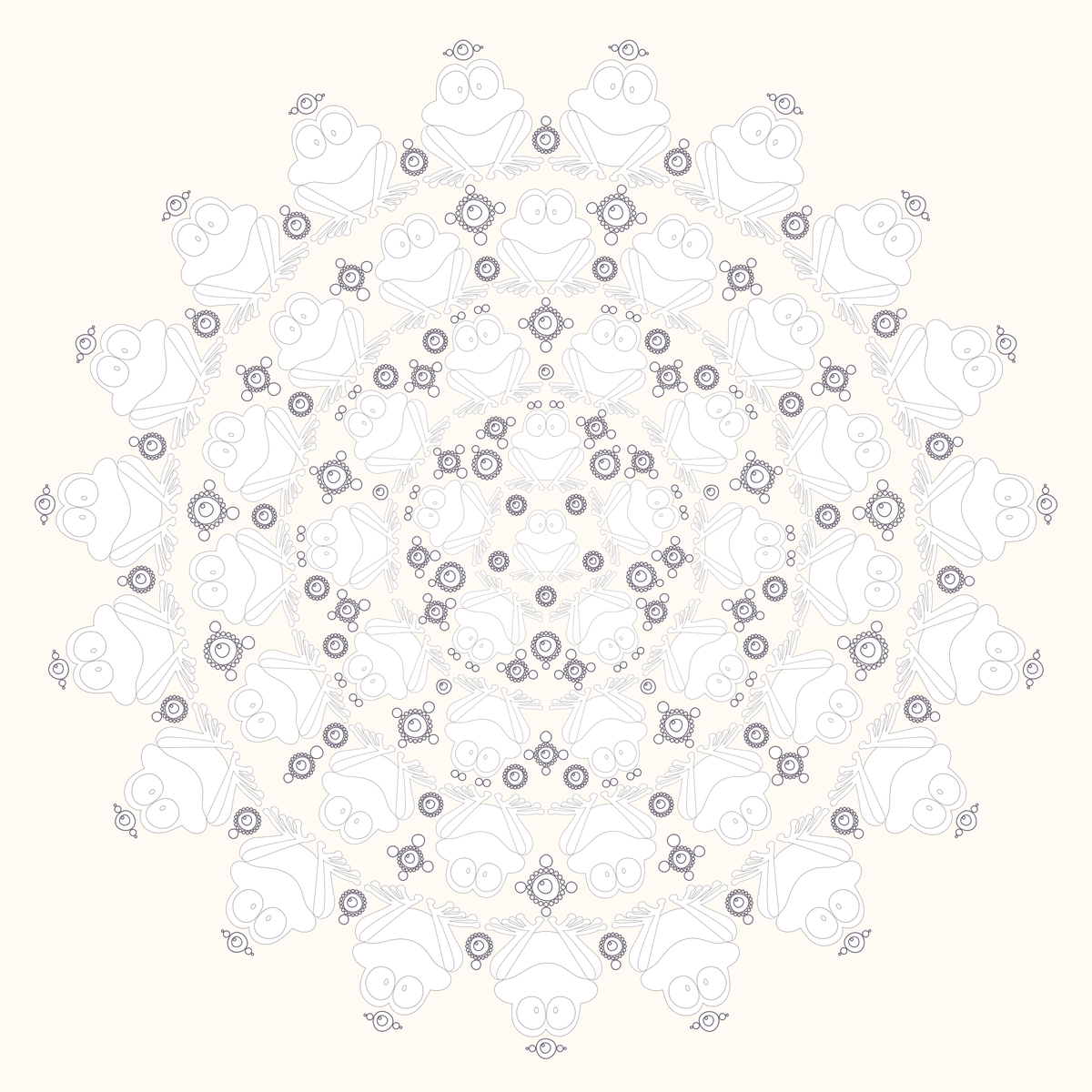 A printable black-and-white Bogo Mandala with large readable Chubblies and balanced coloring detail.