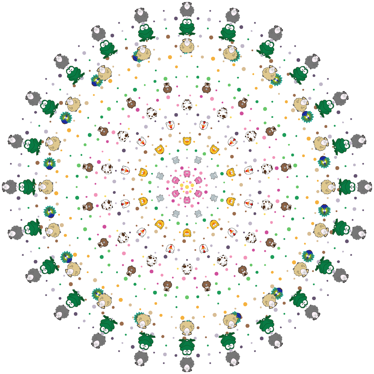 Dense color mandala with ten single-character motif rings and structured decorative dot bands