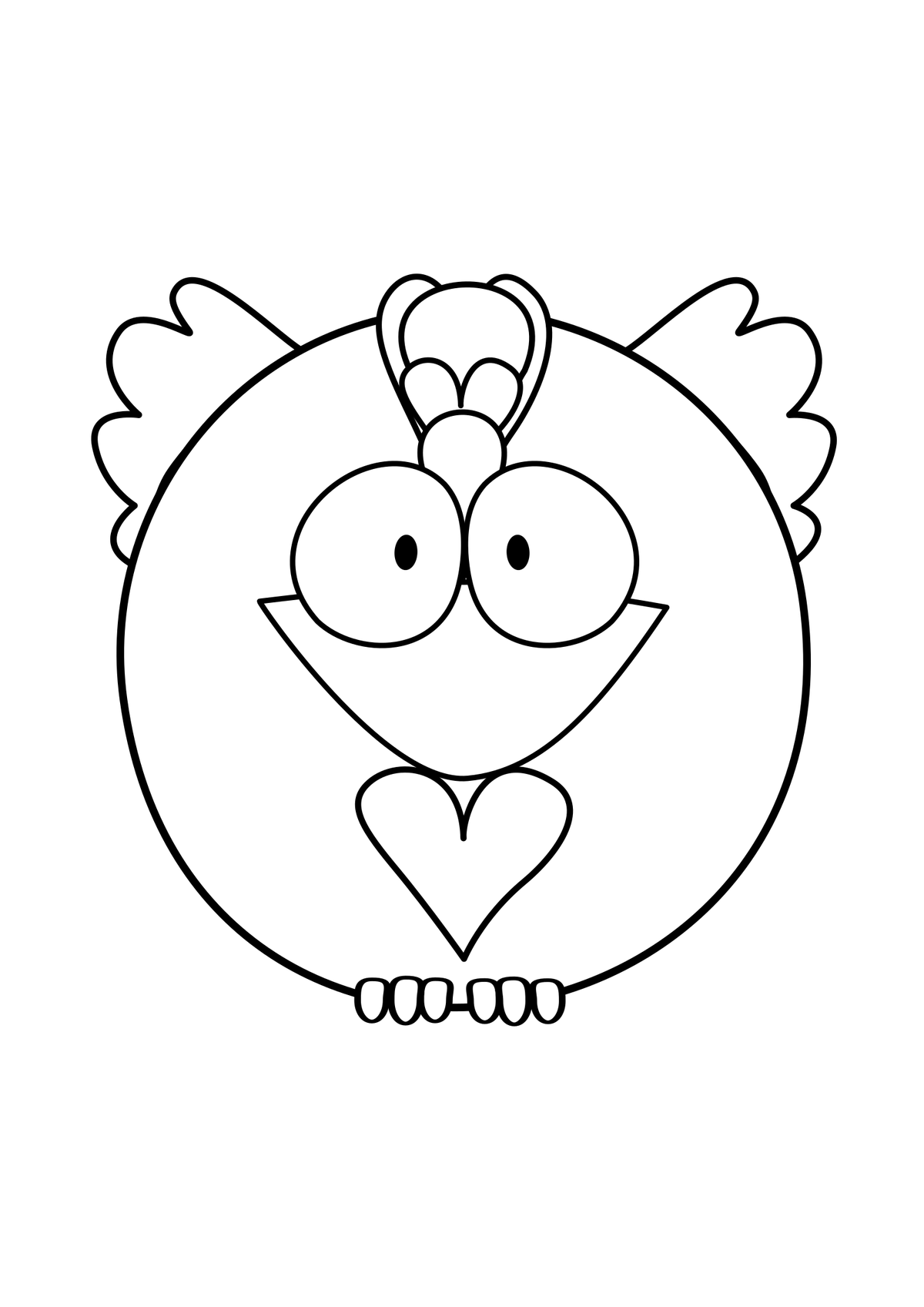 Black line drawing of Henna facing forward with layered crest, large eyes, beak, wattle, wings and separate toes