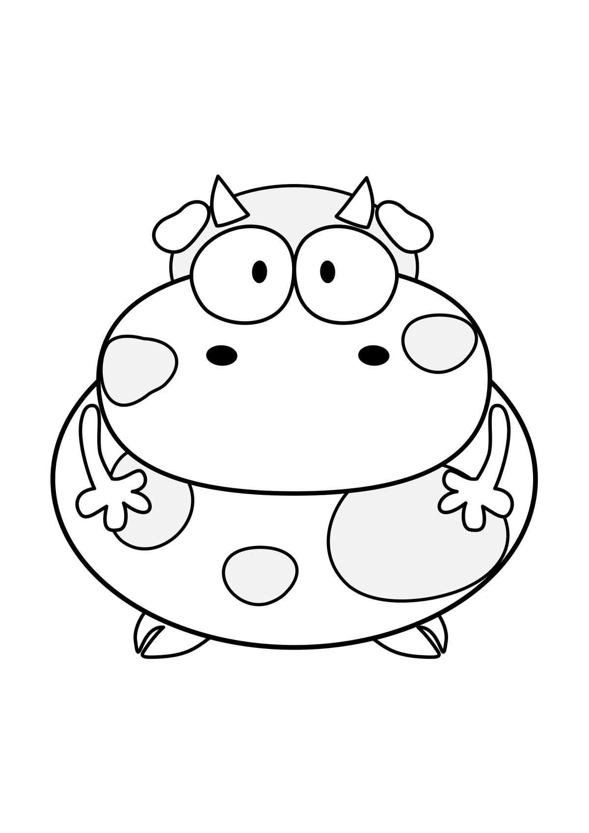 Black line drawing of Mooka facing forward, with six cow patches shown using a very light neutral-gray guide tint