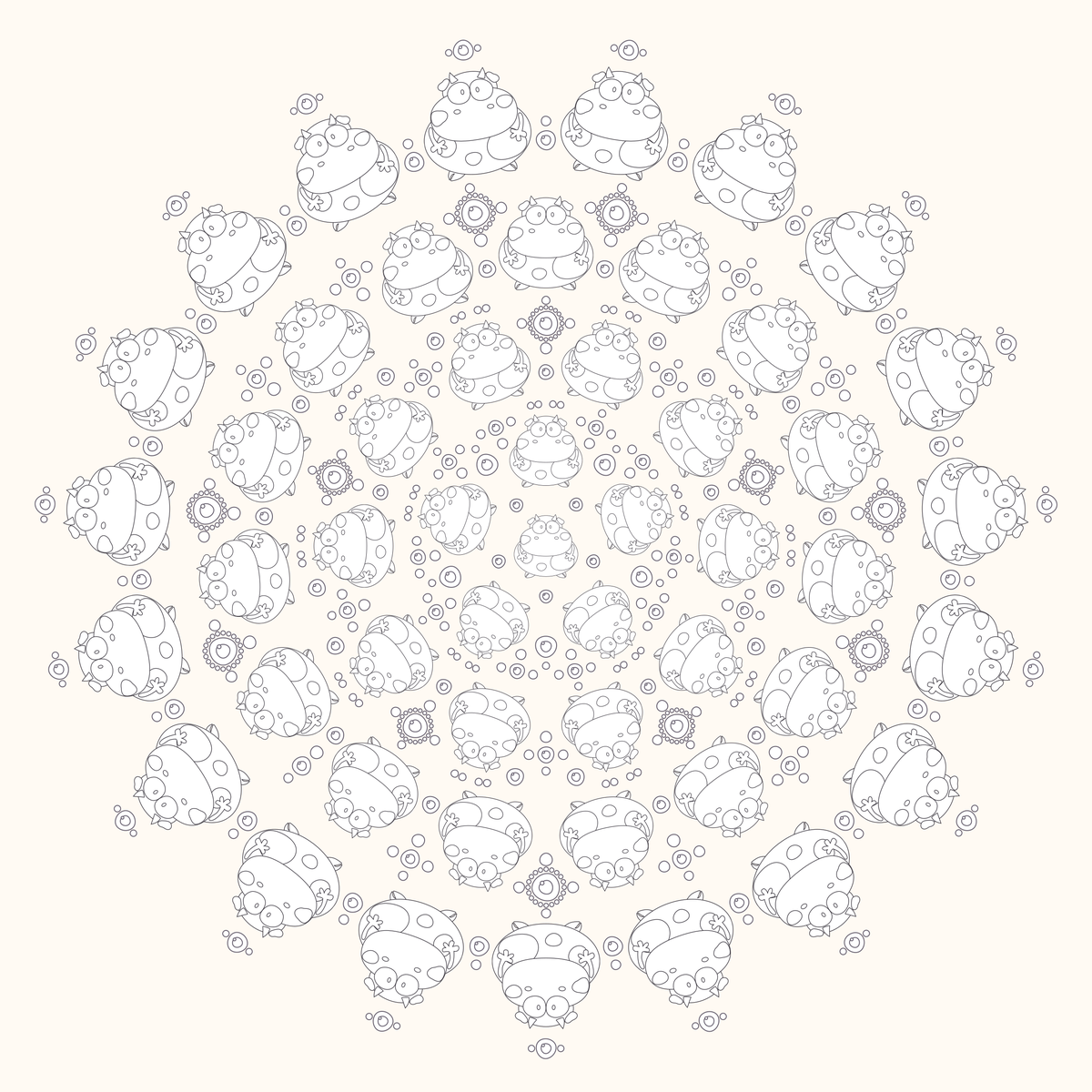 A printable black-and-white Mooka Mandala with large readable Chubblies and balanced coloring detail.